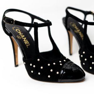 Chanel black suede sling back heels 37C